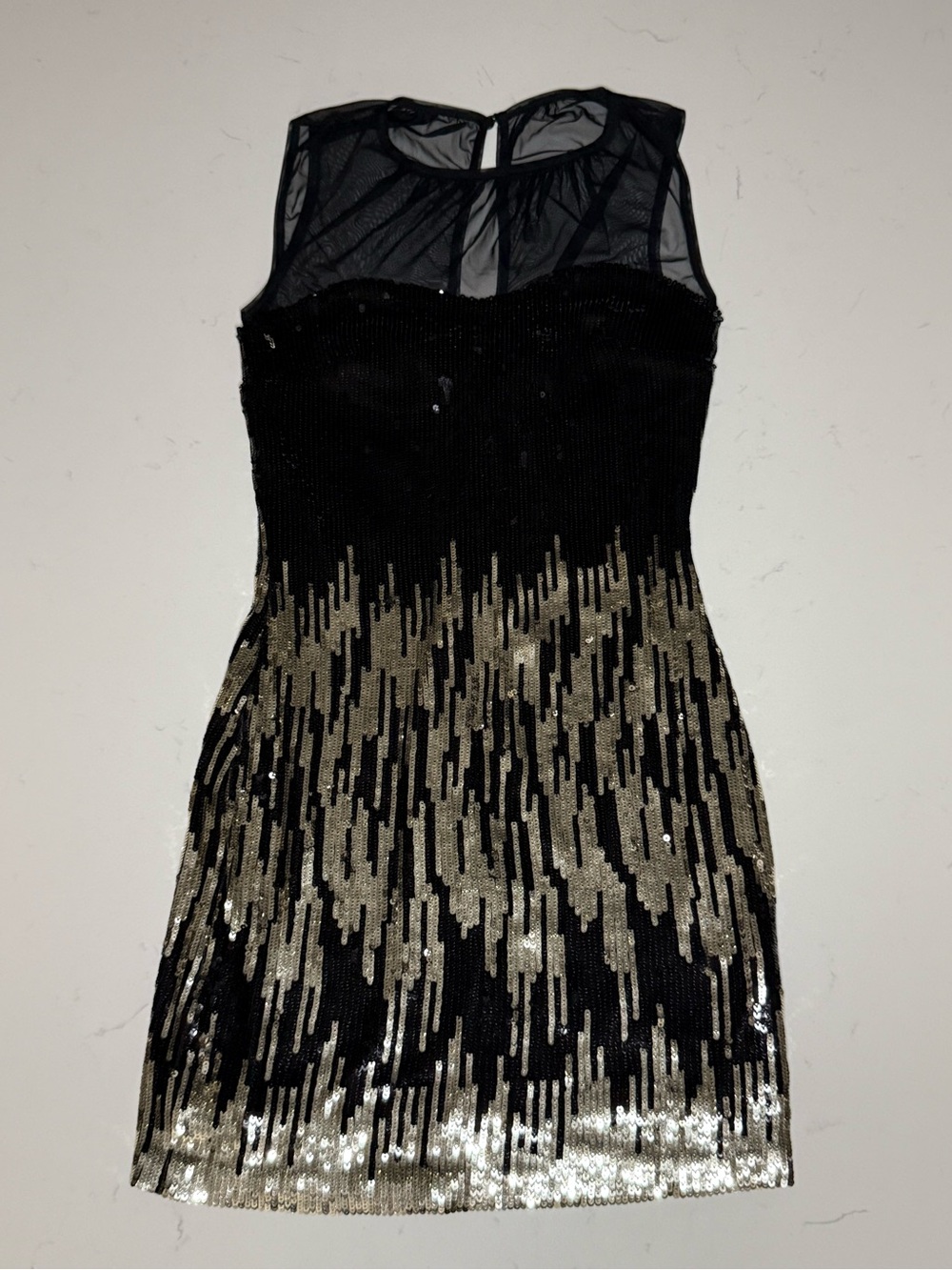 Vintage bebe Black and Gold/Silver Sequin Sheer Yoke Party Dress